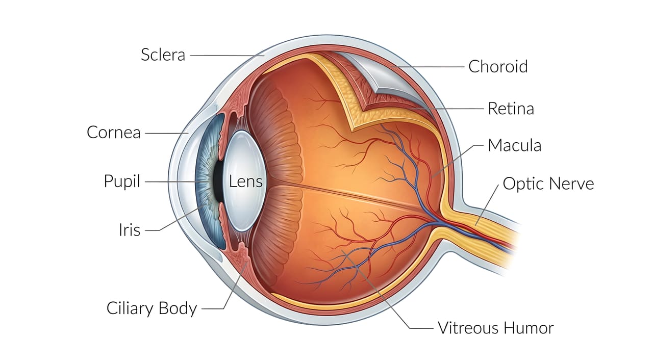 Labeled cross-section illustration of the human eye