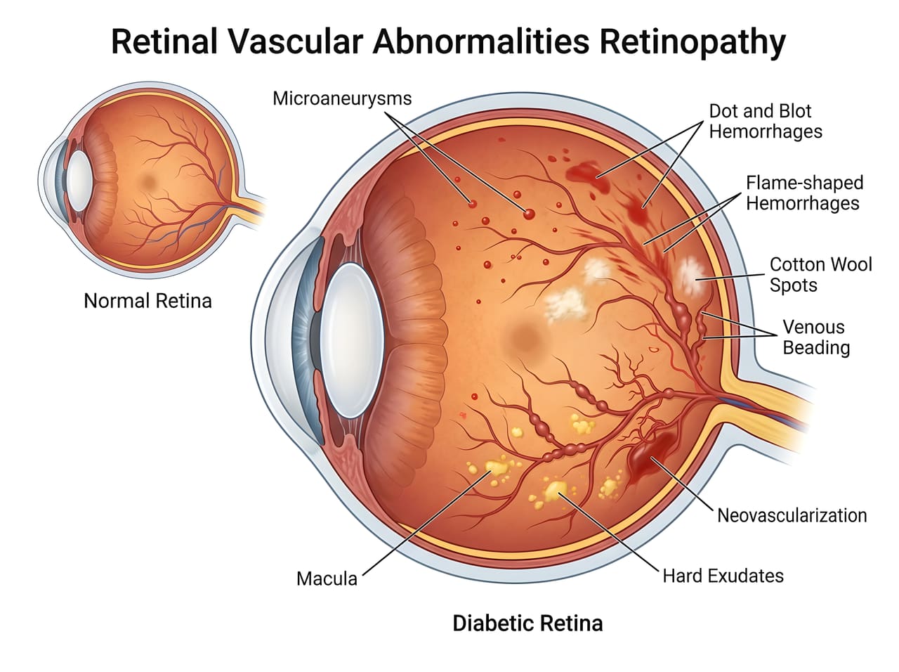 Illustration of retinal vascular abnormalities in diabetic retinopathy compared with a normal retina