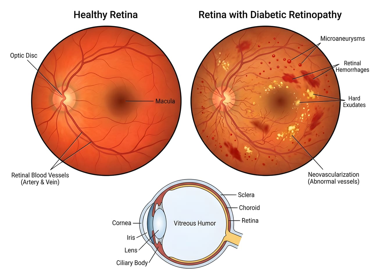 Illustration comparing a healthy retina with a retina affected by diabetic retinopathy