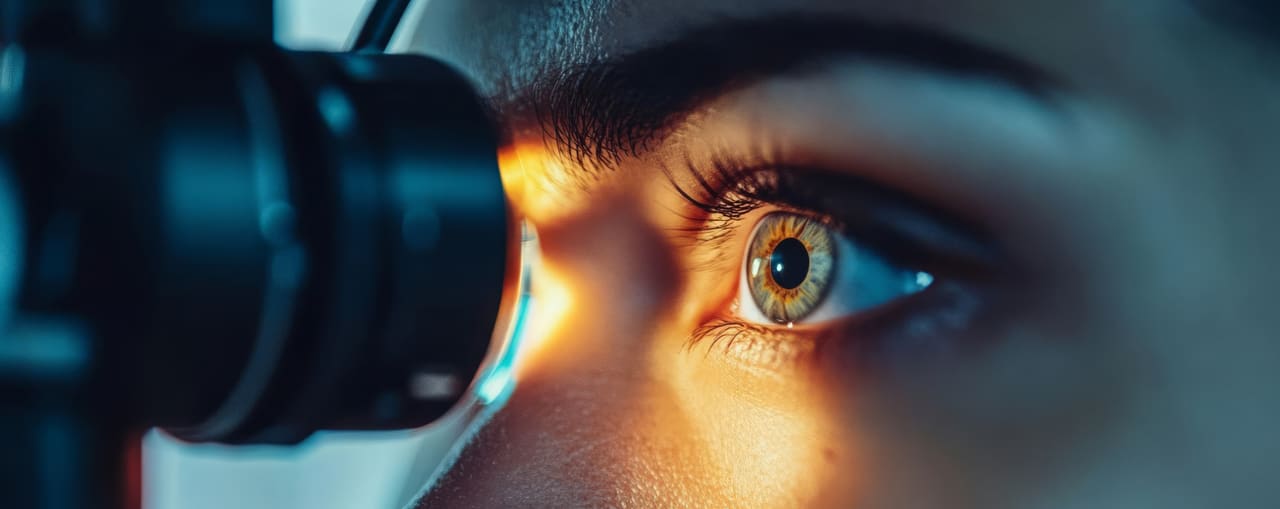 Patient's eye positioned at a slit lamp during a retinal exam